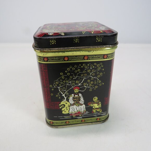 Asian Small 3" metal tin Red Black Gold Oriental design chinoiserie - Picture 3 of 14